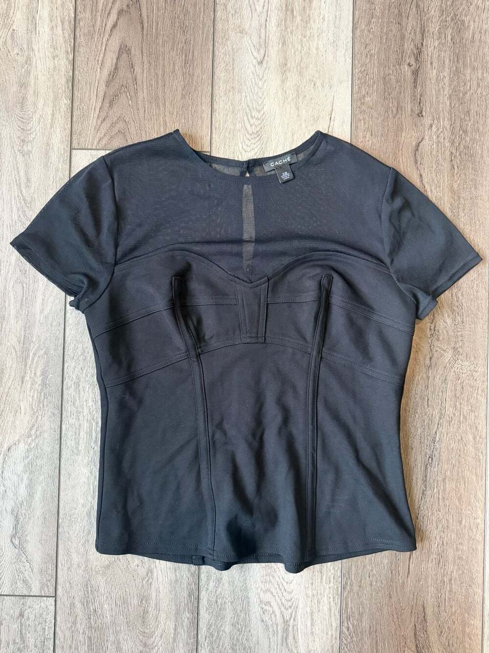 Cache Corset Detail Short Sleeve Top Size Xs Black Mesh